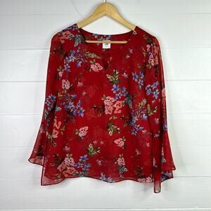 CABI Red Floral Print Keyhole Front Bell 3/4 Sleeve Blouse Top Shirt Size Small